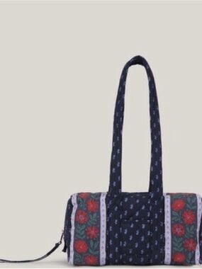 Ganni Navy Quilted Shoulder Bag with Red Floral Panels